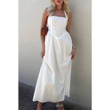 Halter Solid Pockets Sleeveless A Line Long Dress