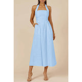 Halter Solid Pockets Sleeveless A Line Long Dress