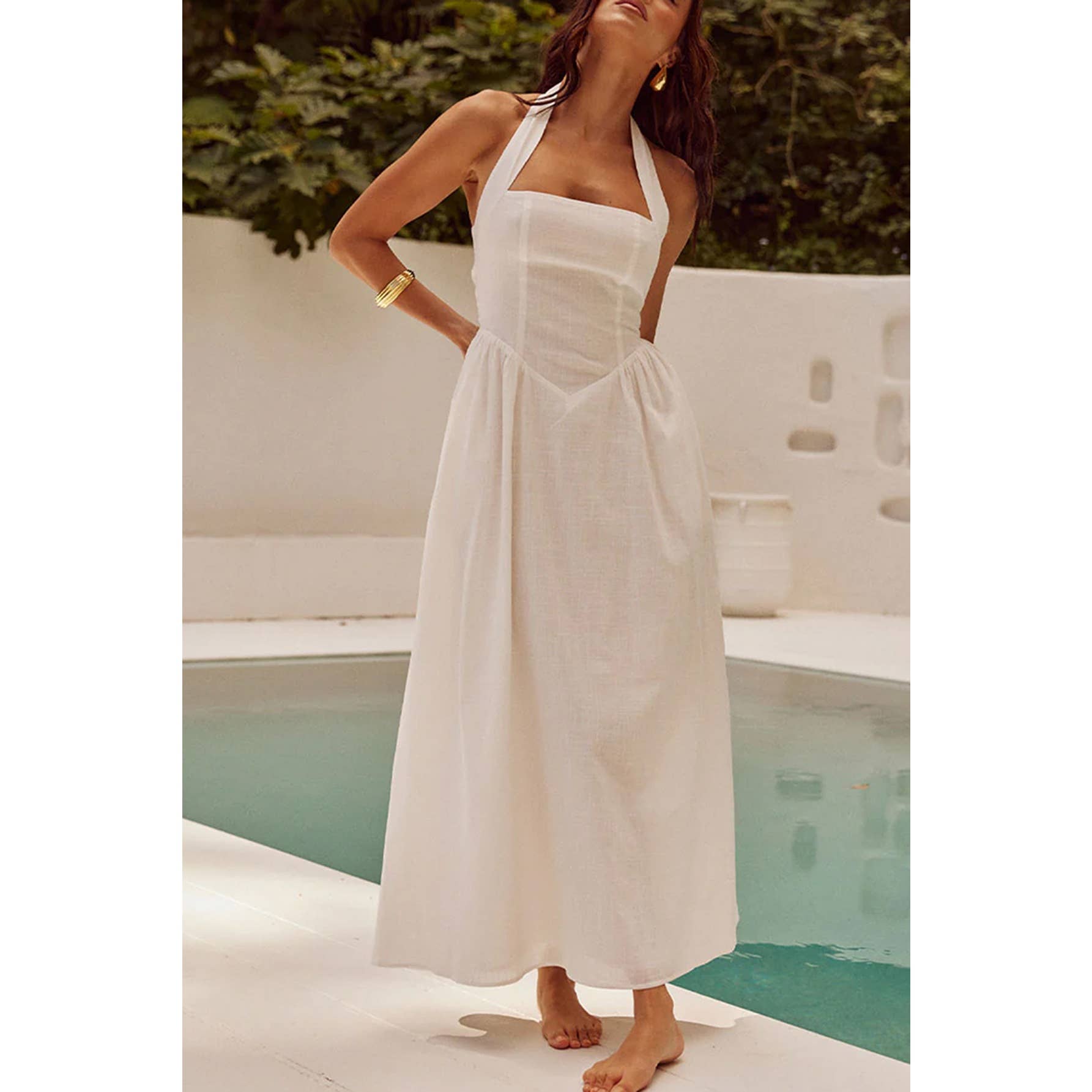 Halter Solid Pockets Sleeveless A Line Long Dress