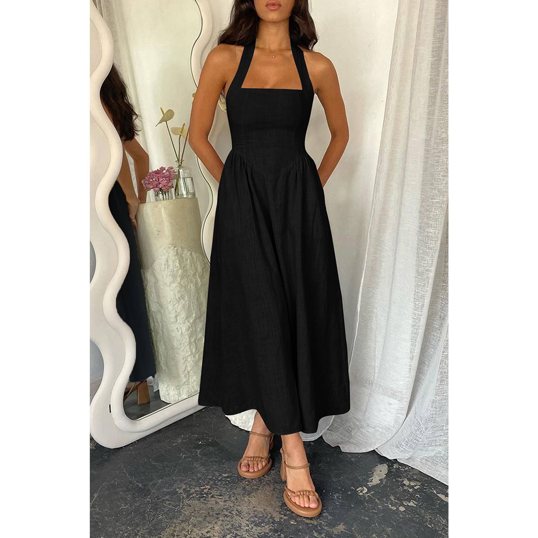 Halter Solid Pockets Sleeveless A Line Long Dress