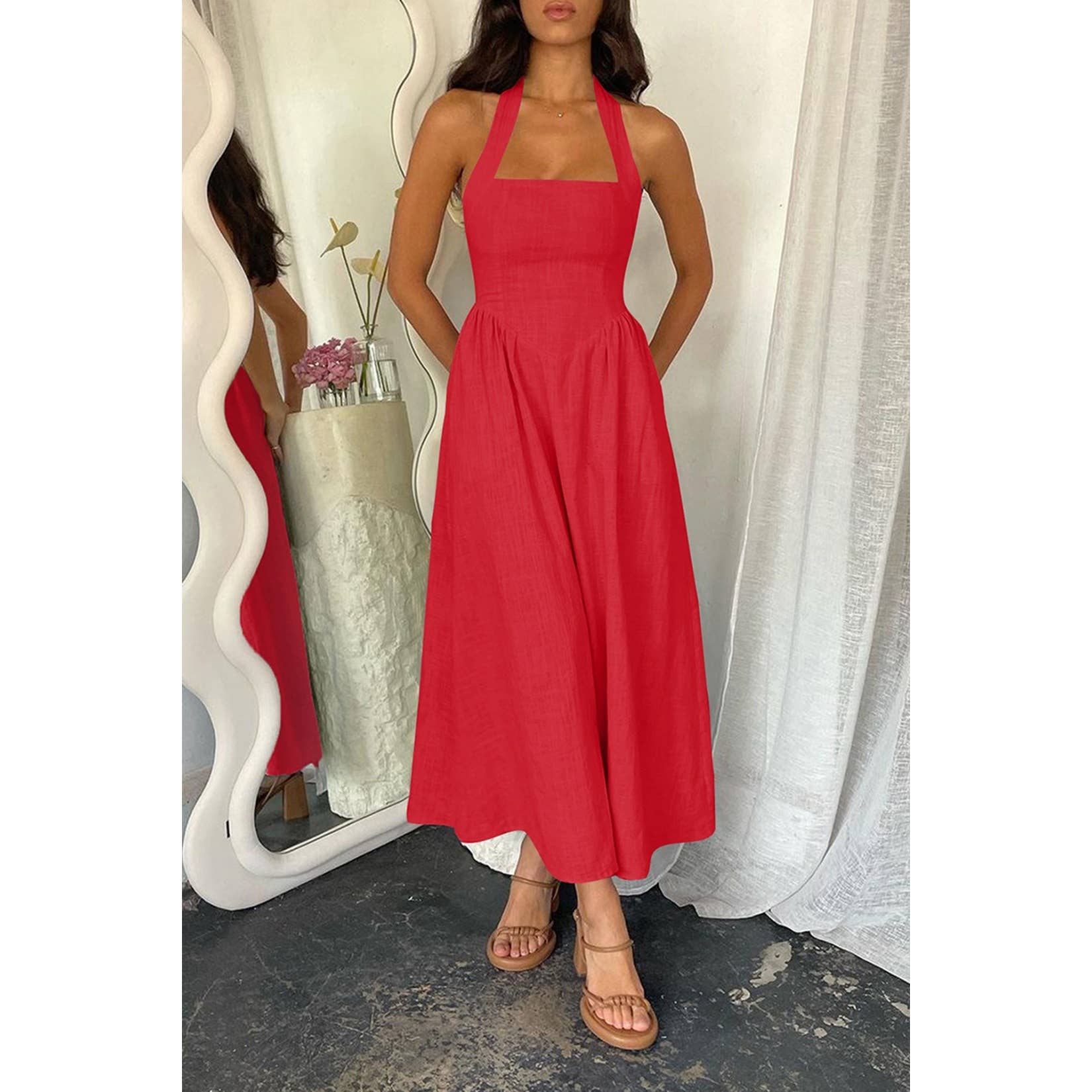 Halter Solid Pockets Sleeveless A Line Long Dress