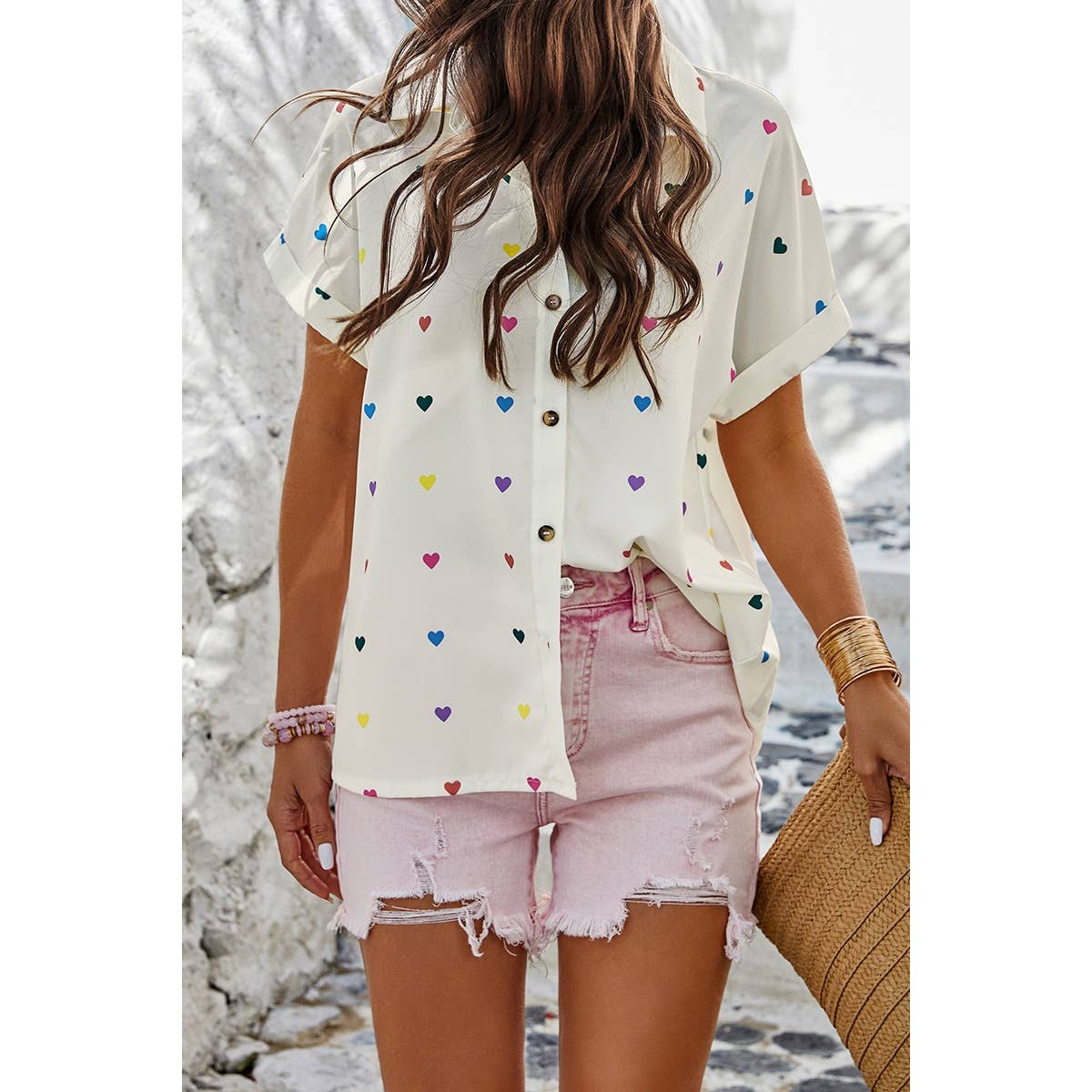 Heart Print Button Up Loose Fit Blouse