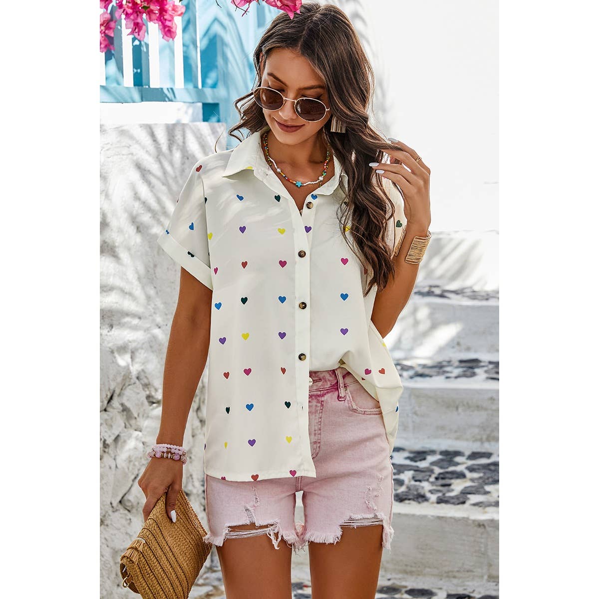 Heart Print Button Up Loose Fit Blouse