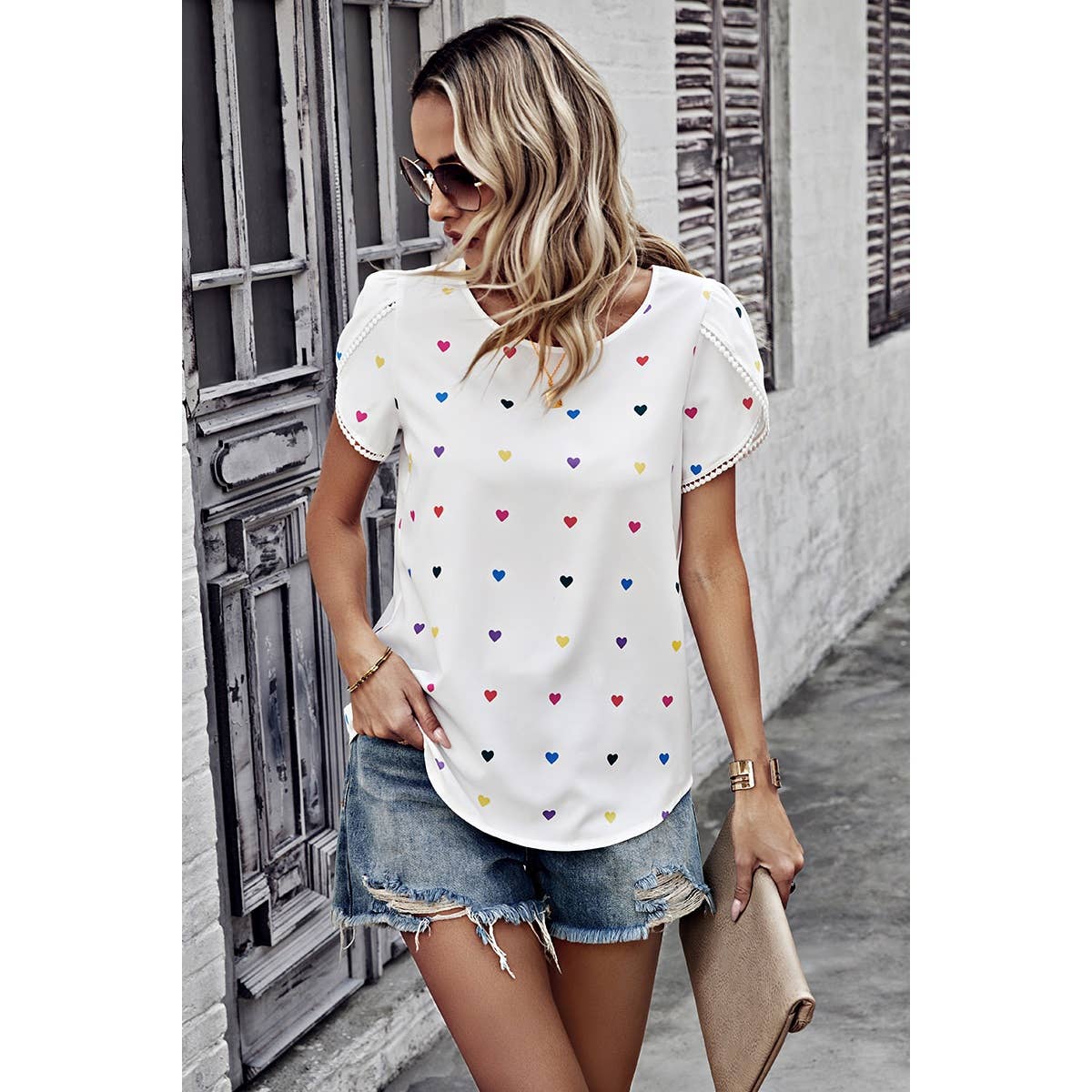 Heart Print Round Neck Loose Fit Shirt