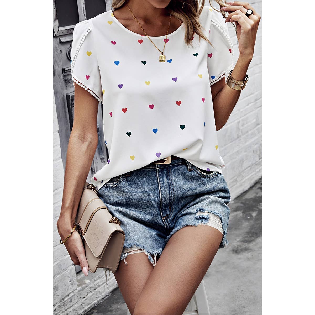 Heart Print Round Neck Loose Fit Shirt