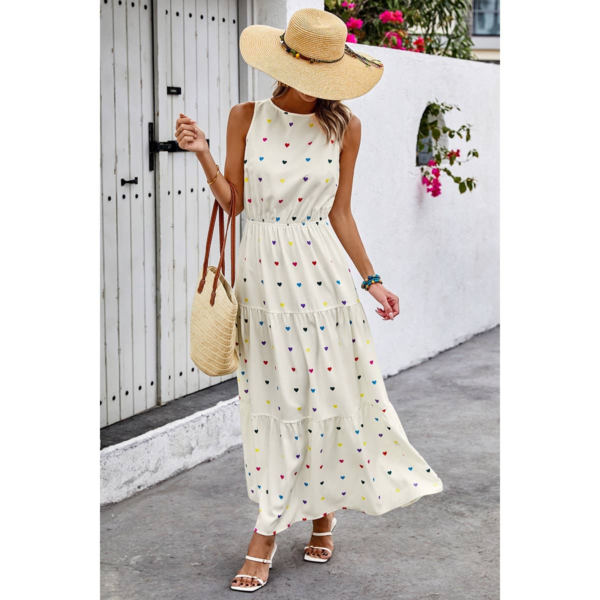 Heart Print Sleeveless Round Neck Full Dress