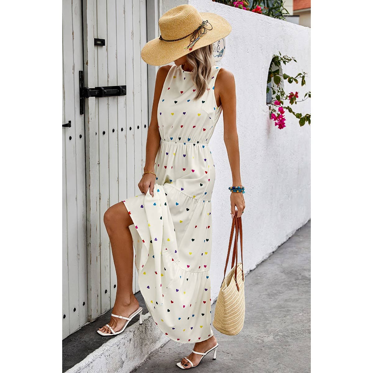 Heart Print Sleeveless Round Neck Full Dress