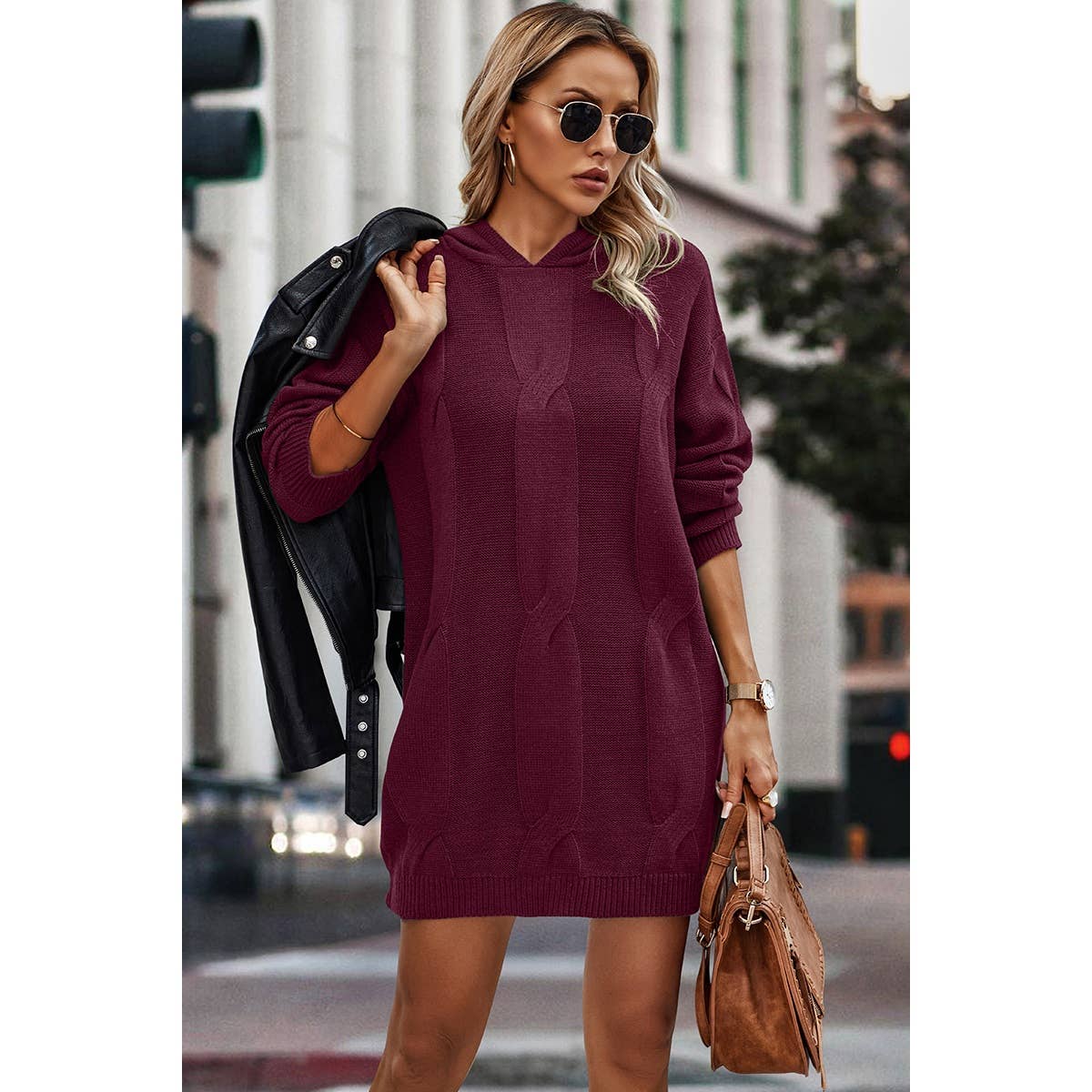 Knit Cross Elastic Fit Solid Hoodie Dress - Elings