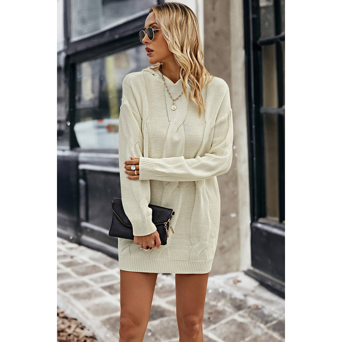 Knit Cross Elastic Fit Solid Hoodie Dress | Dress - Women's | above the knee, Dress, F, new arrival, S | Elings