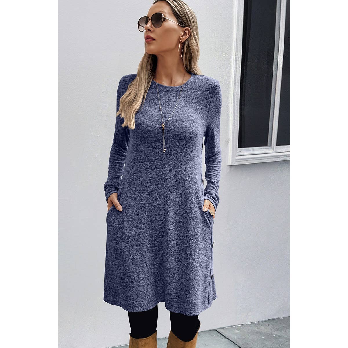 Knit Elastic Fit Button Trim Pockets Solid Dress