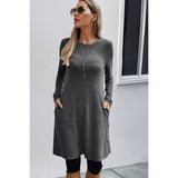 Knit Elastic Fit Button Trim Pockets Solid Dress