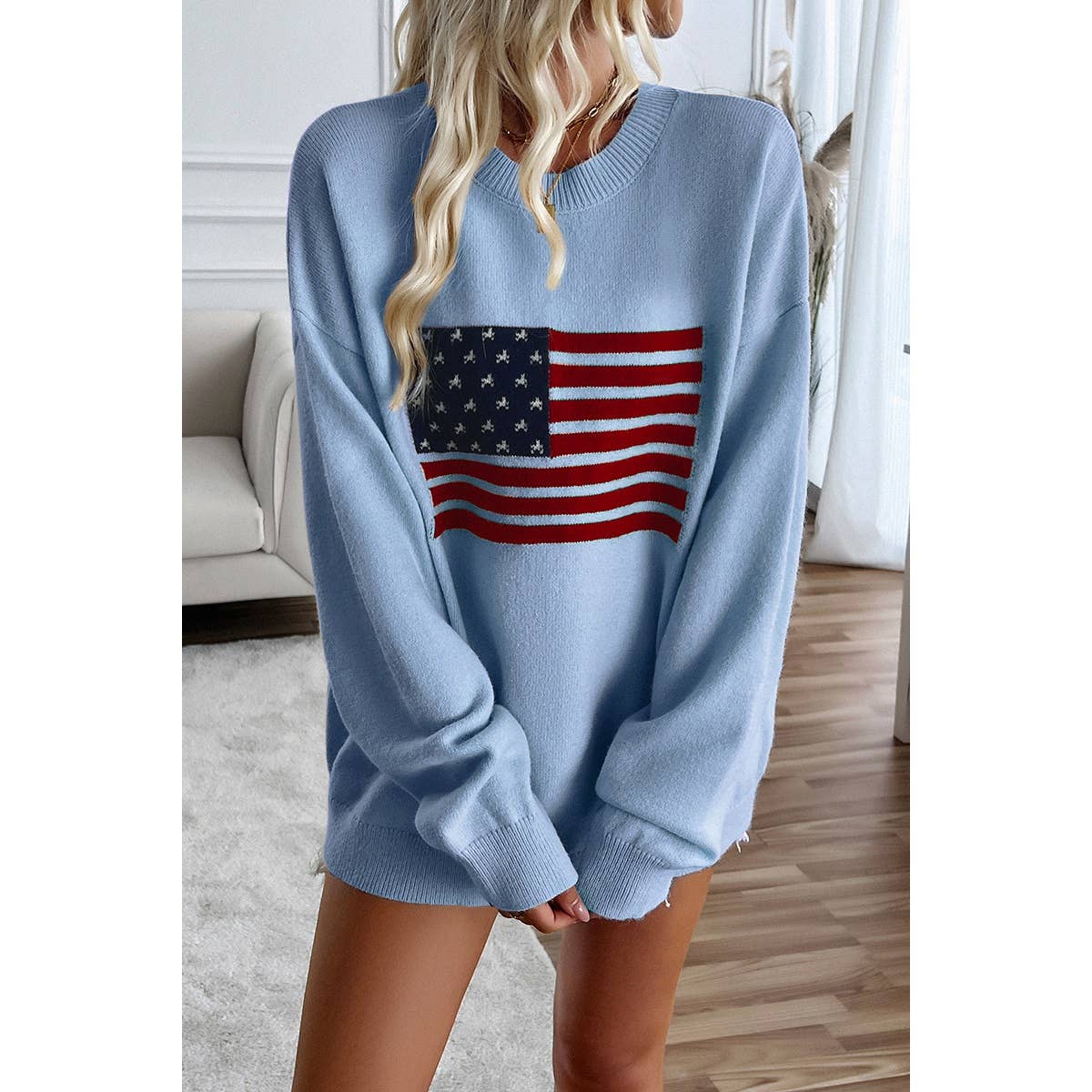 Knit Round Neck Flag Print Loose Fit Sweater