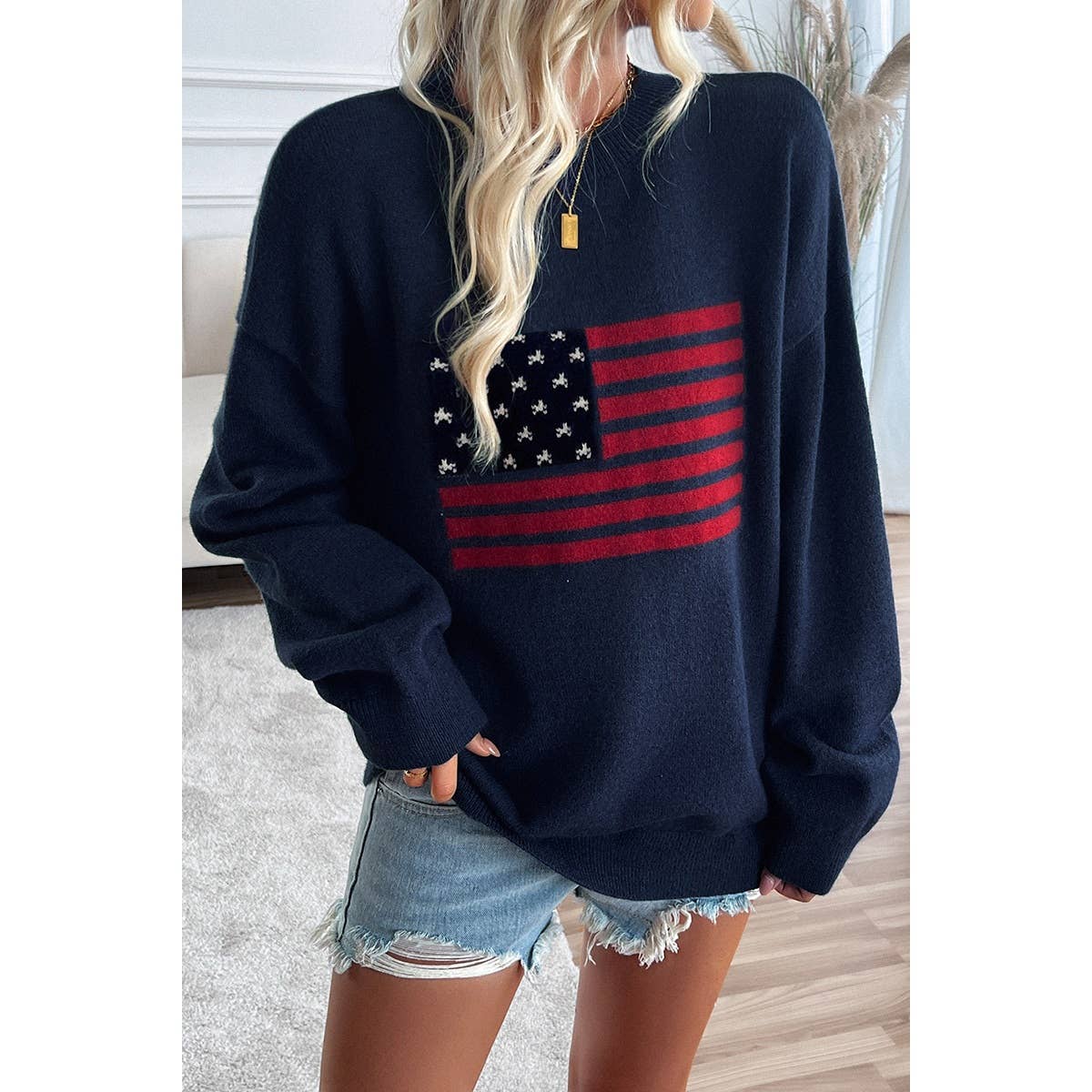 Knit Round Neck Flag Print Loose Fit Sweater