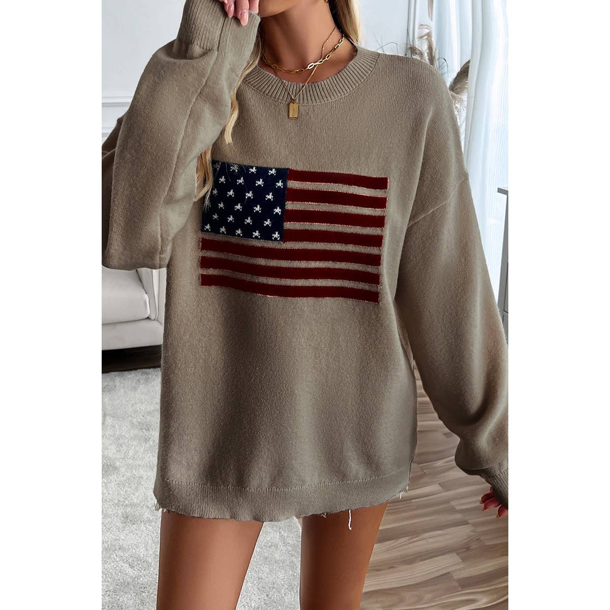 Knit Round Neck Flag Print Loose Fit Sweater