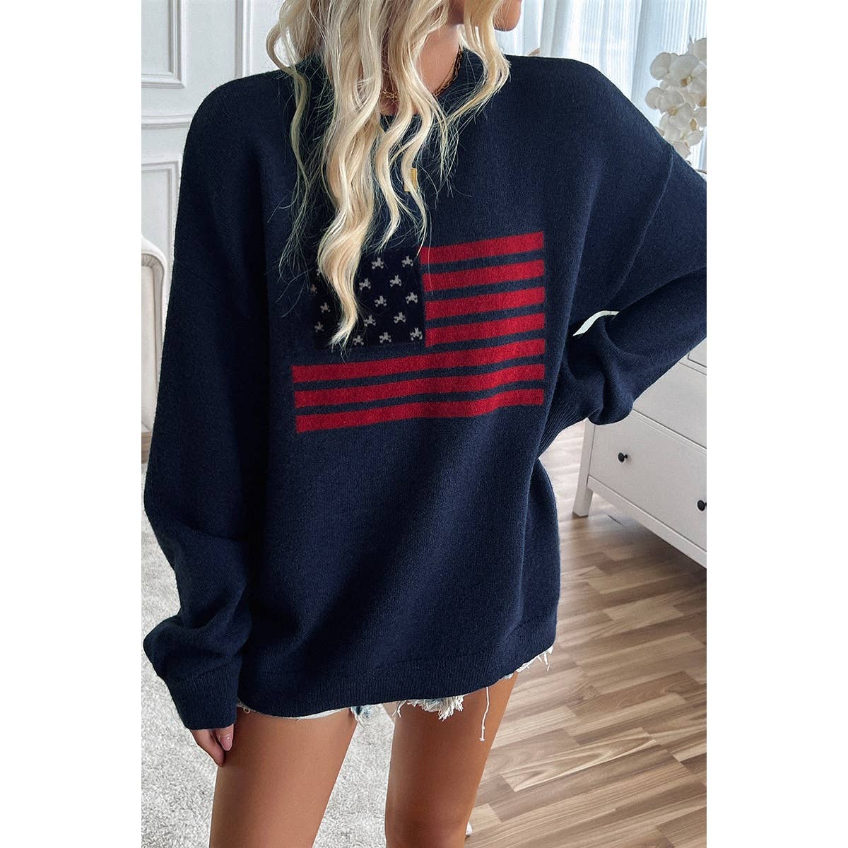 Knit Round Neck Flag Print Loose Fit Sweater