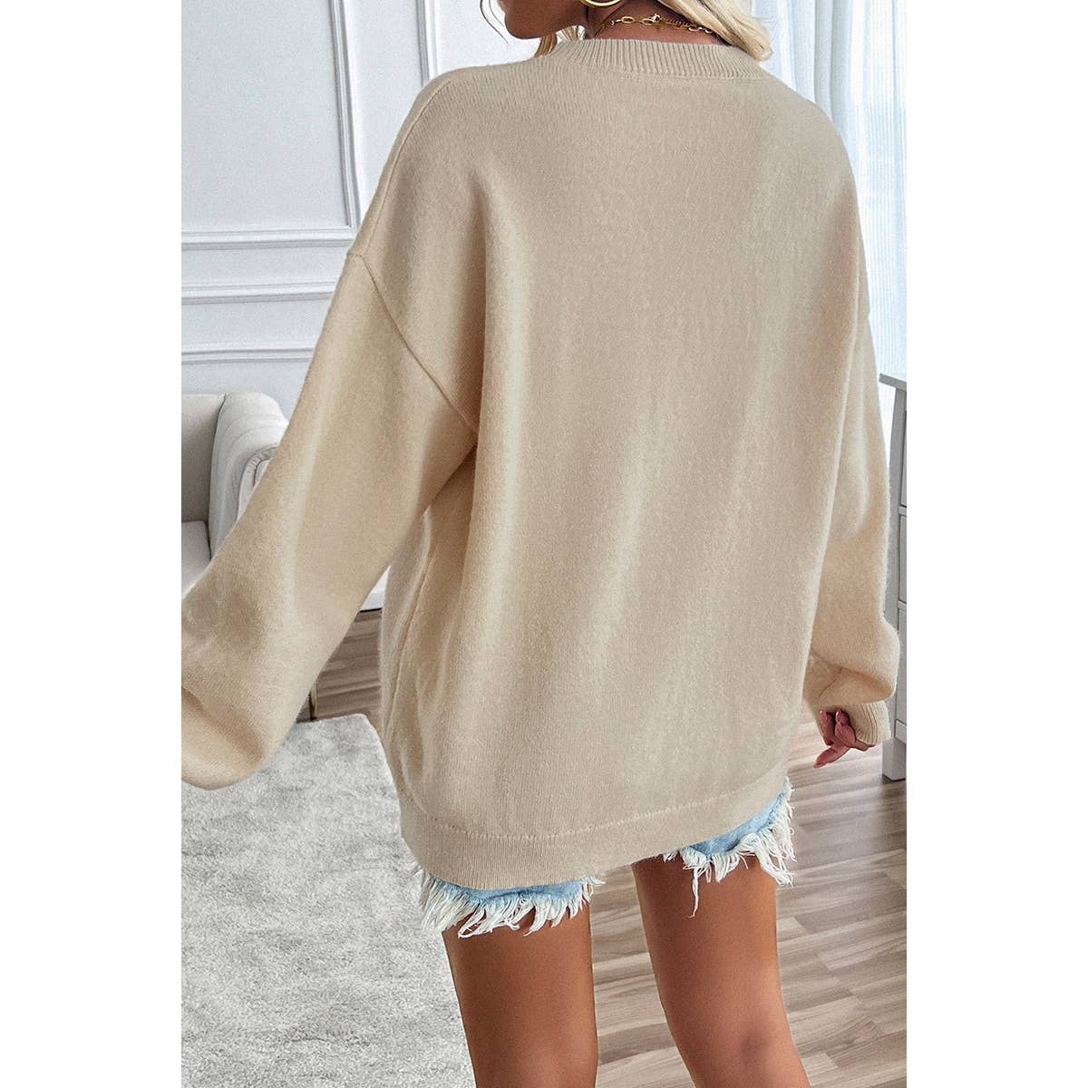 Knit Round Neck Flag Print Loose Fit Sweater