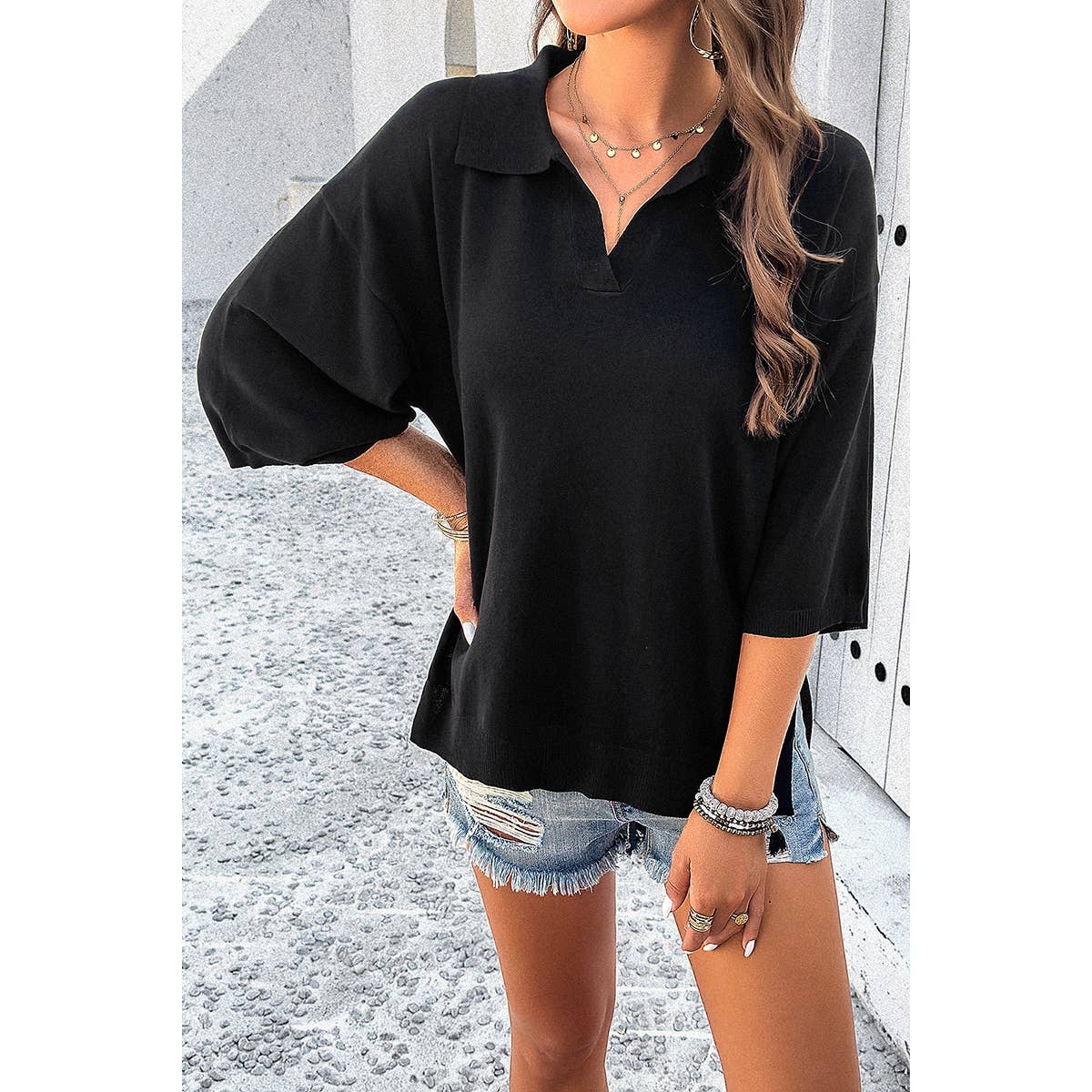 Knit Solid Loose Fit Collar Blouse Sweater