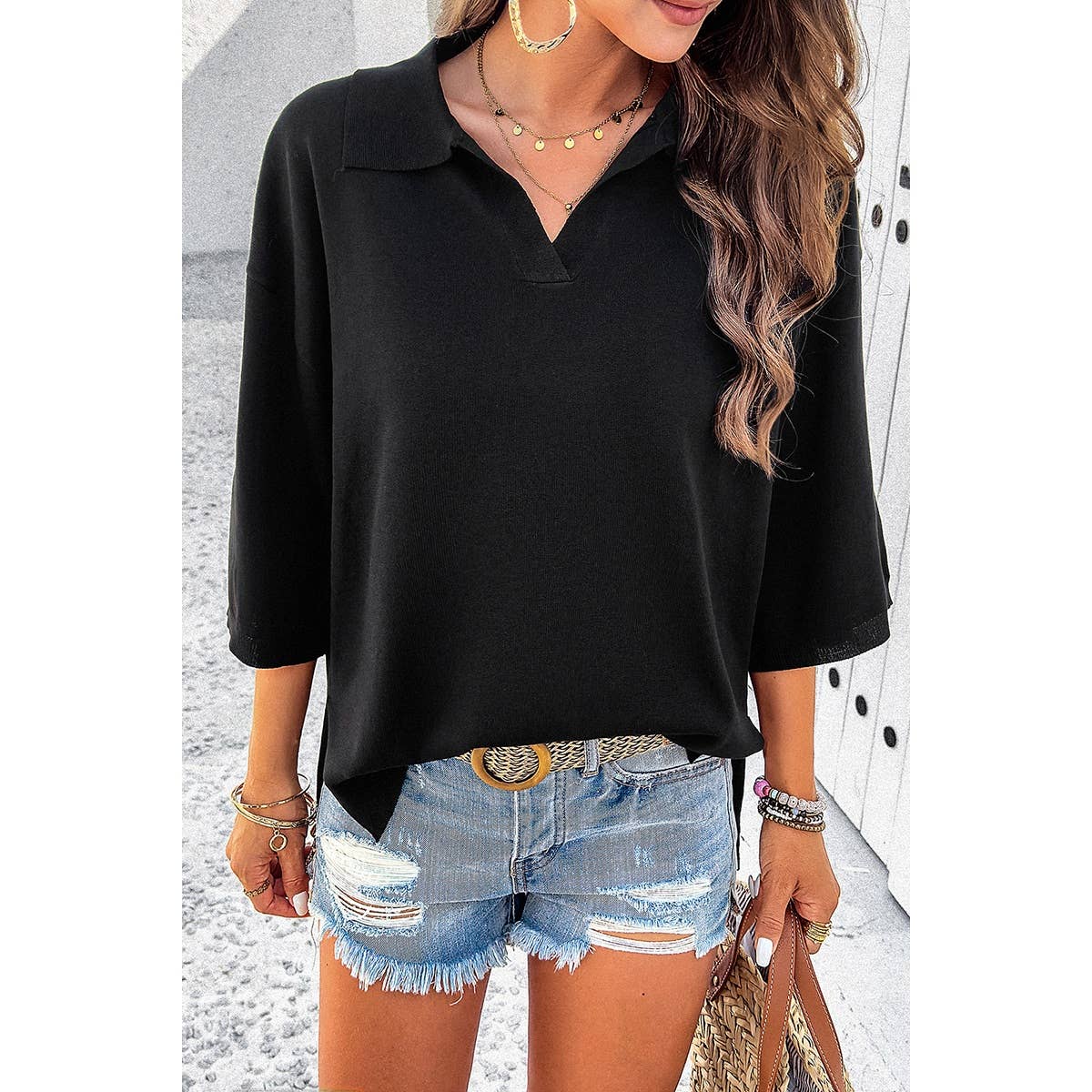 Knit Solid Loose Fit Collar Blouse Sweater