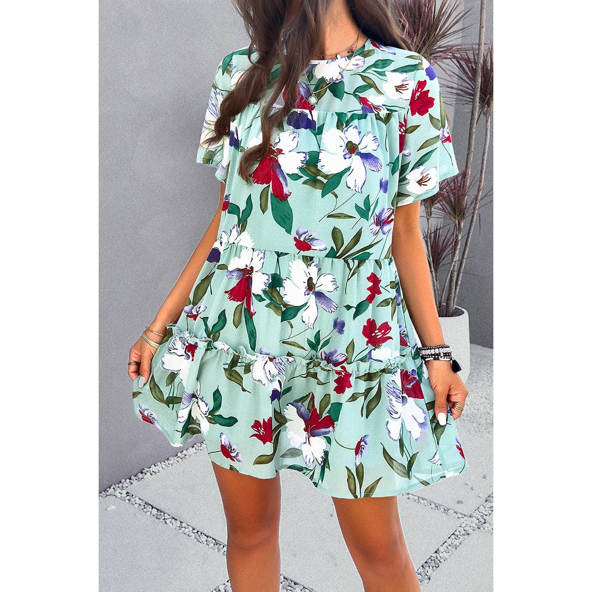 Knot Back Floral Lined Ruffle Loose Dress