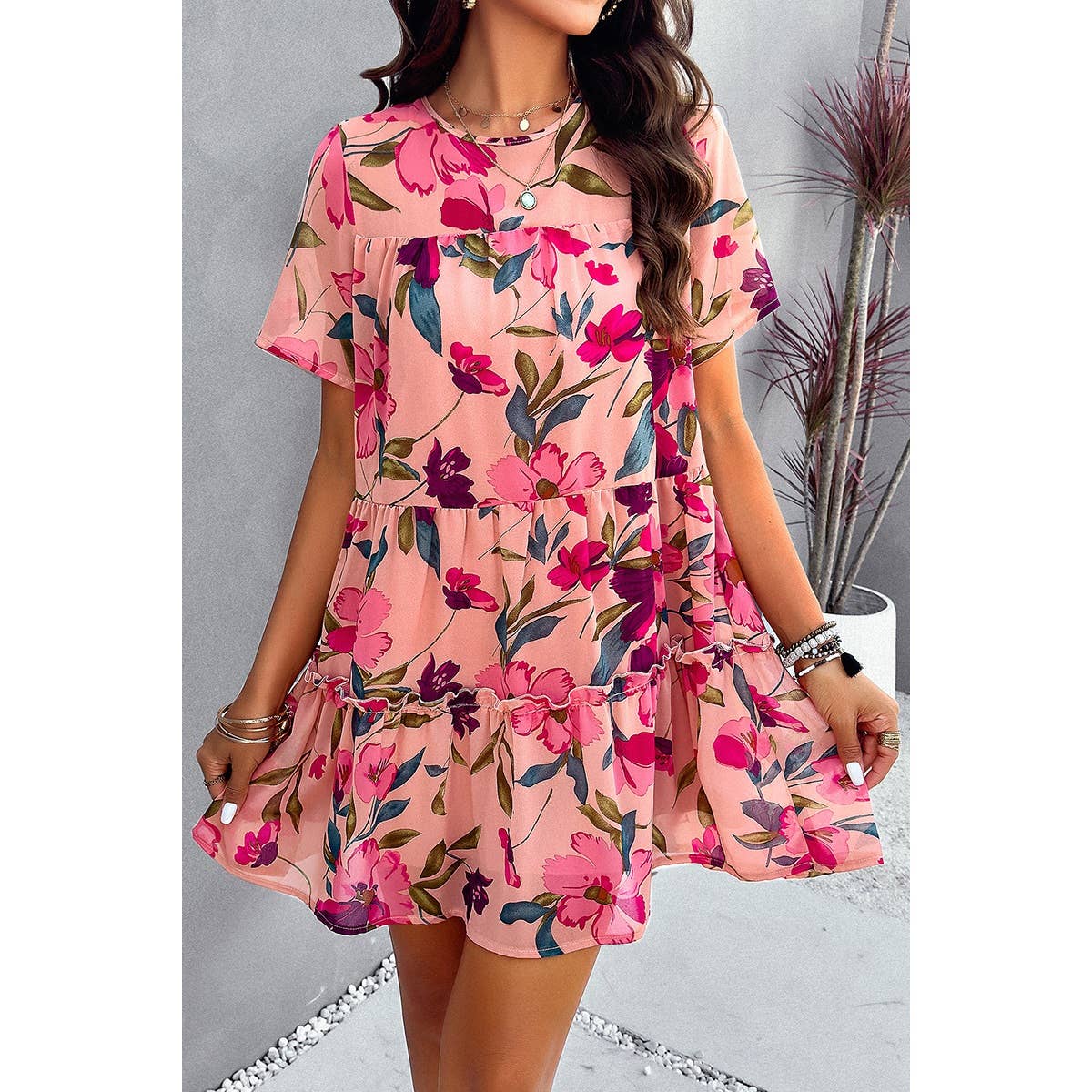 Knot Back Floral Lined Ruffle Loose Dress