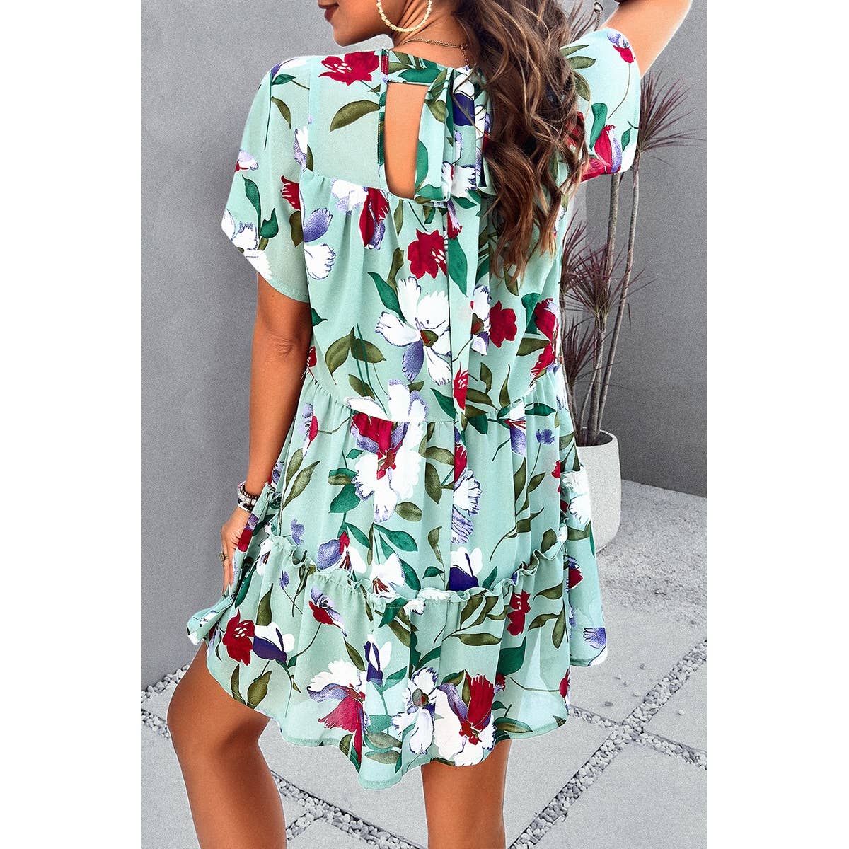 Knot Back Floral Lined Ruffle Loose Dress