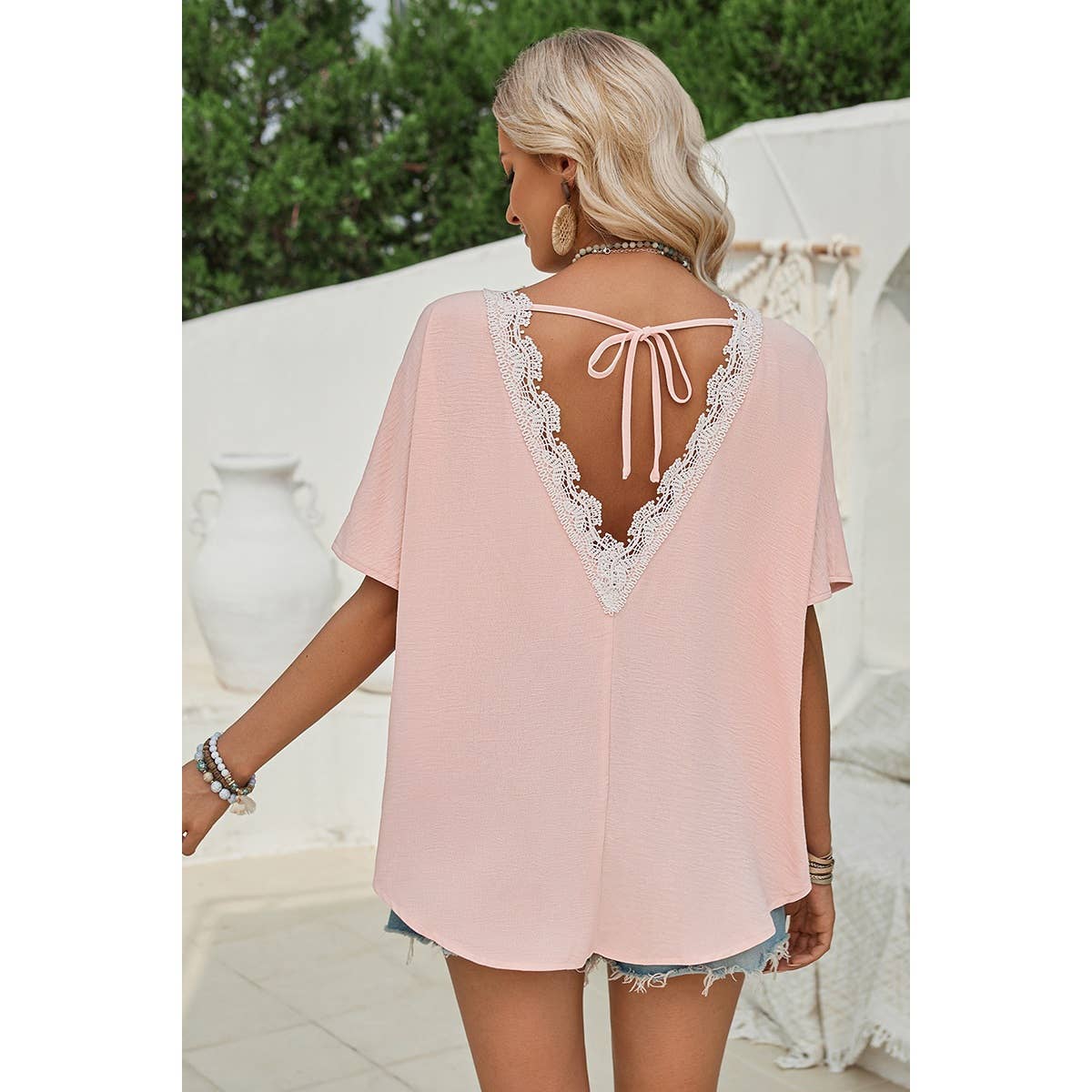 Knot Back Open Back Lace Trim Solid Loose Fit Top - Elings