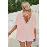 Knot Back Open Back Lace Trim Solid Loose Fit Top - Elings