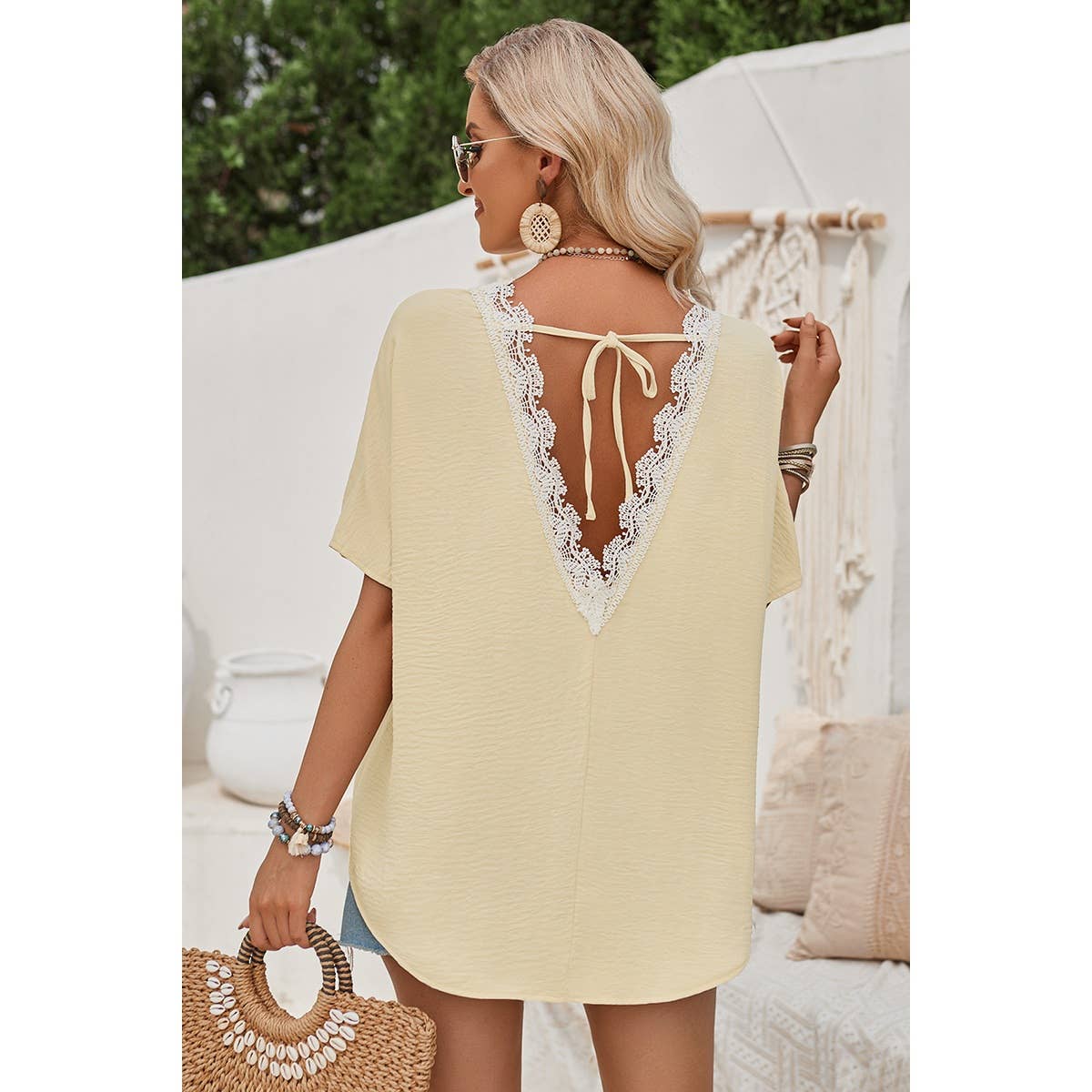 Knot Back Open Back Lace Trim Solid Loose Fit Top - Elings