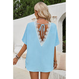 Knot Back Open Back Lace Trim Solid Loose Fit Top - Elings