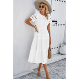 Lace Round Neck Ruched Fit Ruffle Solid Dress