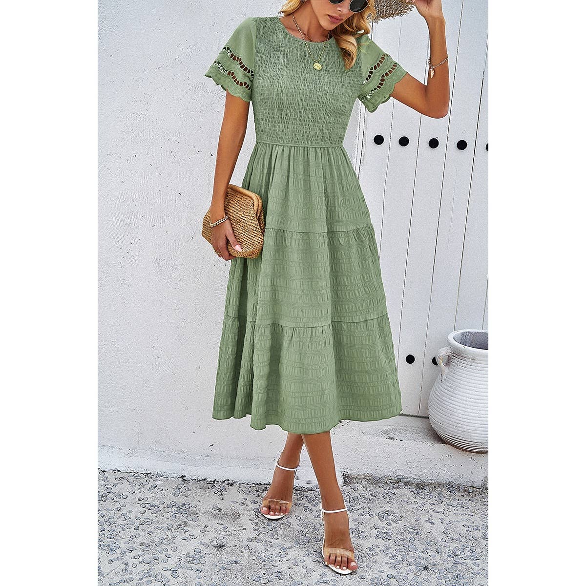 Lace Round Neck Ruched Fit Ruffle Solid Dress