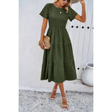 Lace Round Neck Ruched Fit Ruffle Solid Dress