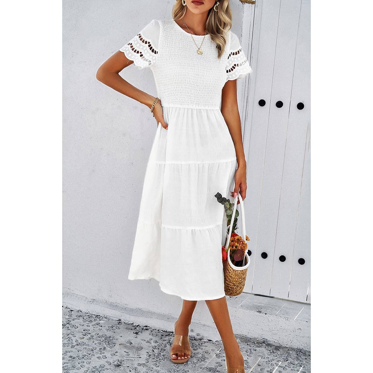 Lace Round Neck Ruched Fit Ruffle Solid Dress