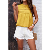 Lace Trim Solid Ruched Sleeveless Swiss Dot Top - Elings