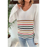 Multicolor Striped Pattern V Neck Knitted Sweater