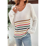 Multicolor Striped Pattern V Neck Knitted Sweater