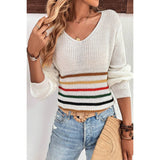 Multicolor Striped Pattern V Neck Knitted Sweater