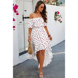 Off Shoulder Heart Print Ruffle Hem Dress