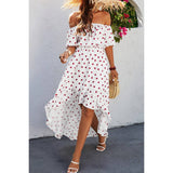 Off Shoulder Heart Print Ruffle Hem Dress