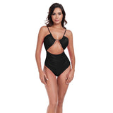 One Piece Solid Ruched Strap Cut Out Swimsuit