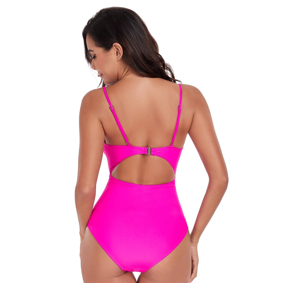 One Piece Solid Ruched Strap Cut Out Swimsuit