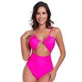 One Piece Solid Ruched Strap Cut Out Swimsuit