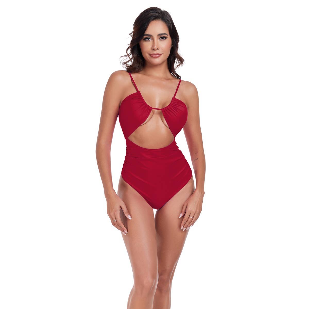 One Piece Solid Ruched Strap Cut Out Swimsuit