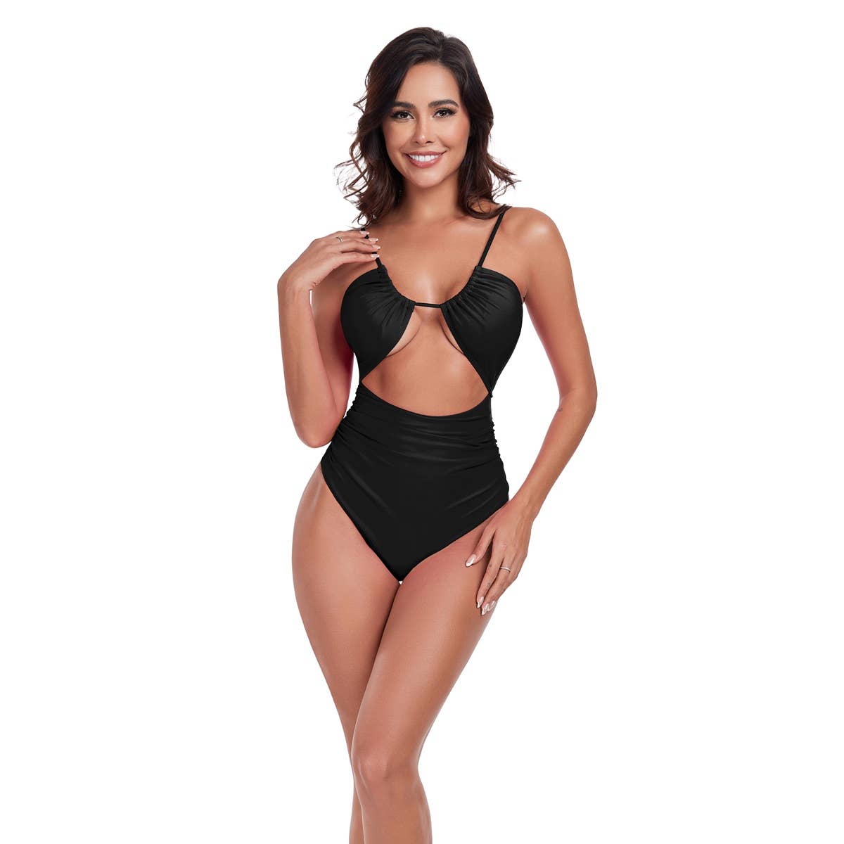 One Piece Solid Ruched Strap Cut Out Swimsuit