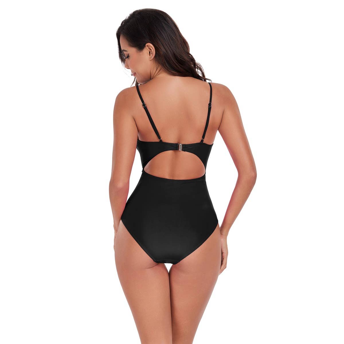 One Piece Solid Ruched Strap Cut Out Swimsuit