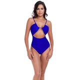 One Piece Solid Ruched Strap Cut Out Swimsuit