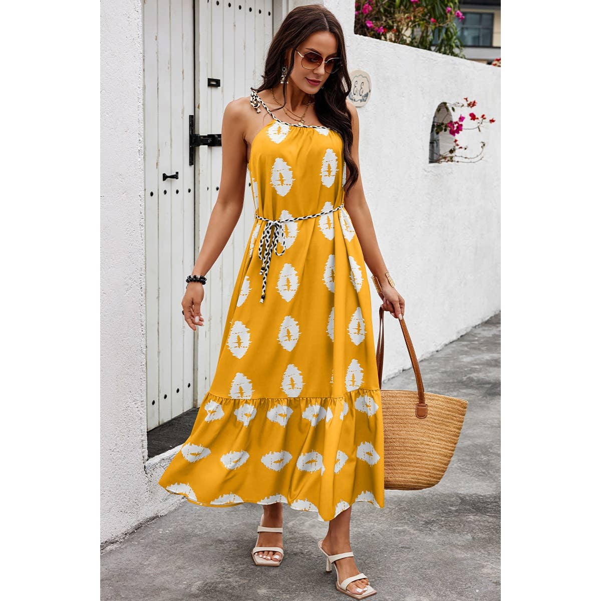 One Shoulder Print Belt Sleeveless Ruffle Dress