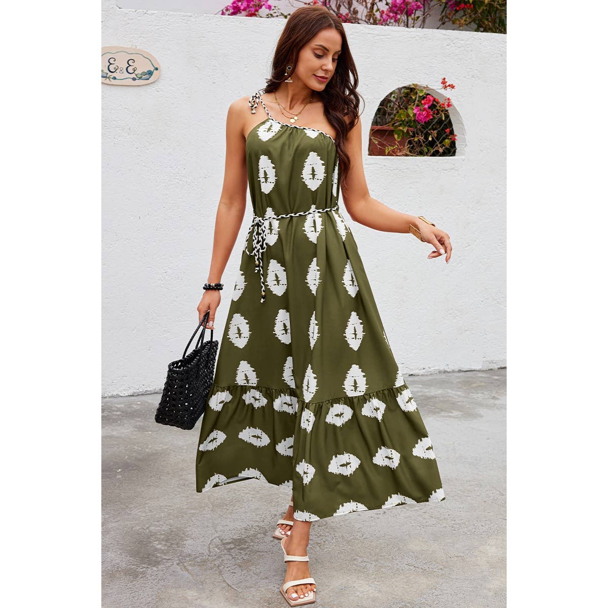 One Shoulder Print Belt Sleeveless Ruffle Dress