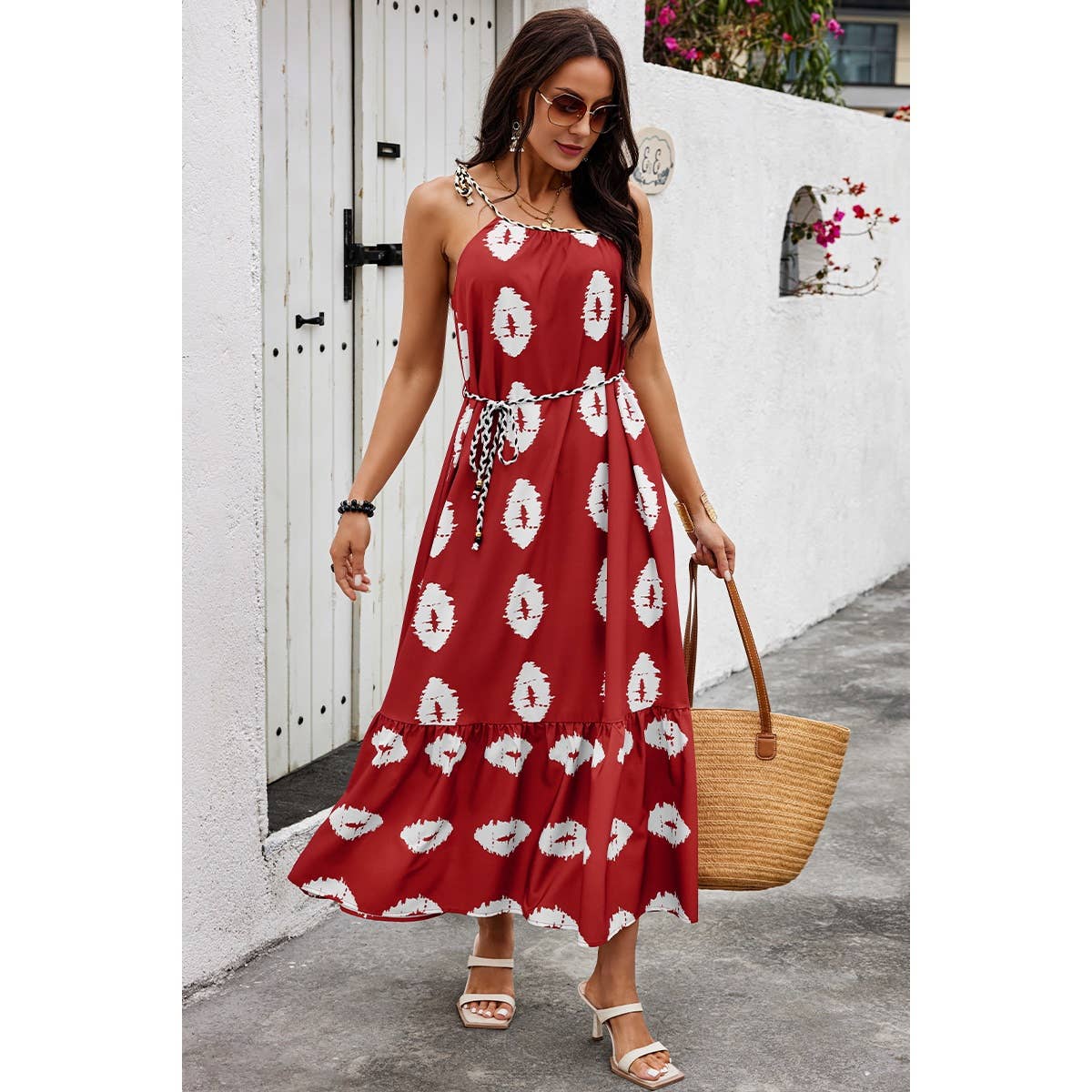 One Shoulder Print Belt Sleeveless Ruffle Dress