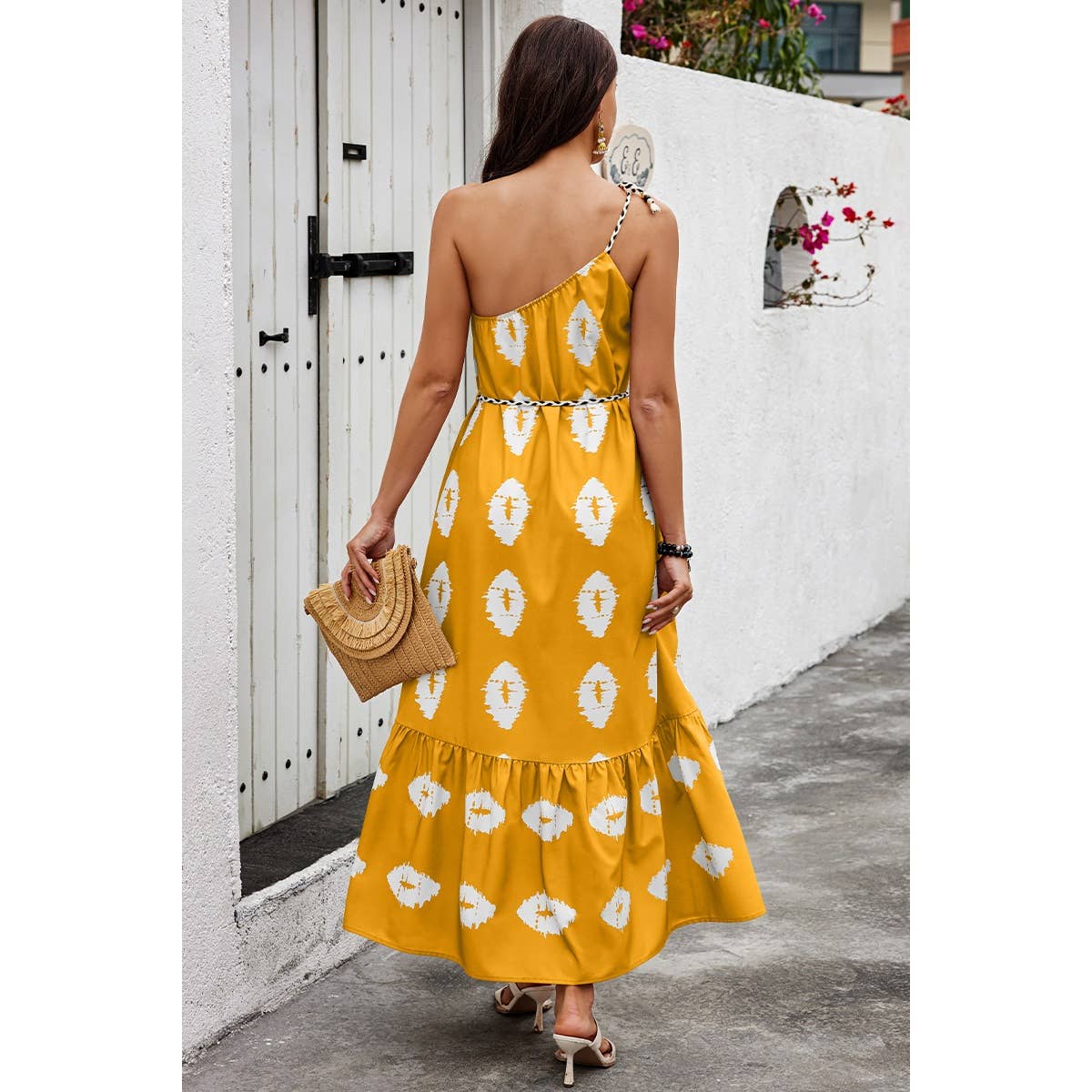 One Shoulder Print Belt Sleeveless Ruffle Dress